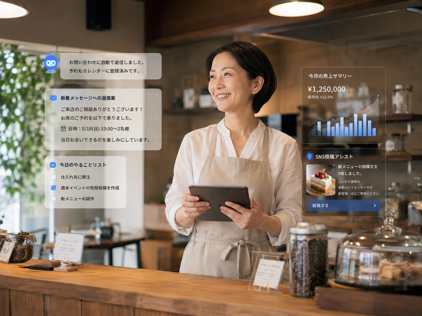 カフェのカウンターでタブレットを持つ店主の傍らで、AIが問い合わせ自動返信・予約登録・売上サマリー・SNS投稿アシストを表示している様子